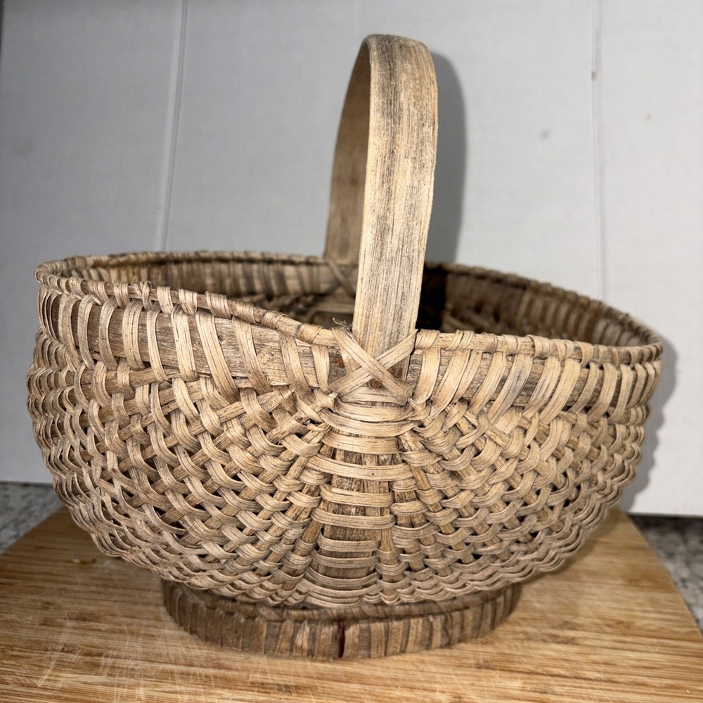 VTG Appalachian Folk Art Split White Oak Buttock Basket w/Foot Ring 10"x7"x7"